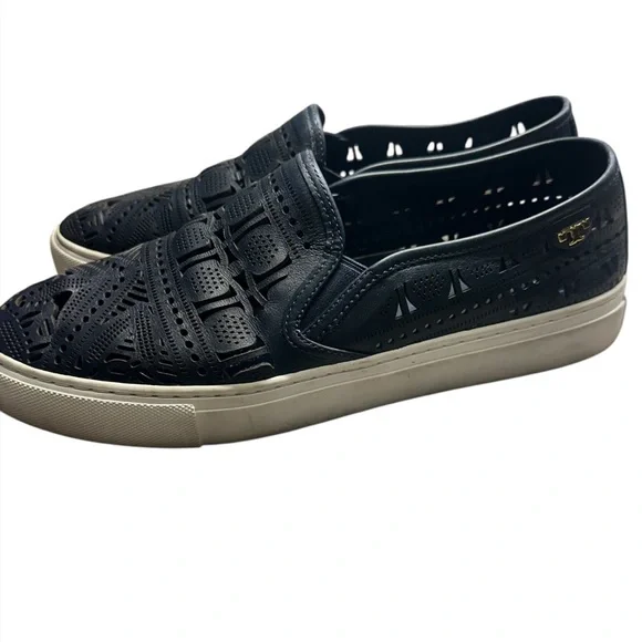 Tory Burch Lennon Dark Navy Blue Slip-On Loafers Lazer Cut Size 10 - Picture 3 of 9